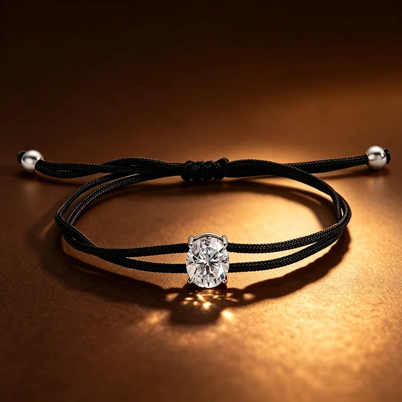 3CT Oval Cut Moissanite Braided Cord Bracelets for Women Men Adjustable Sliding-Knot Dainty Pure S925 Silver Chain D VVS1