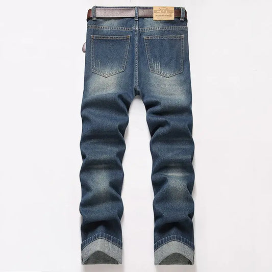 New Vintage Men's Jeans Casual Straight Stretch Fashion Classic Blue Work Denim Trousers Male Brand Clothing Hole Design Autumn