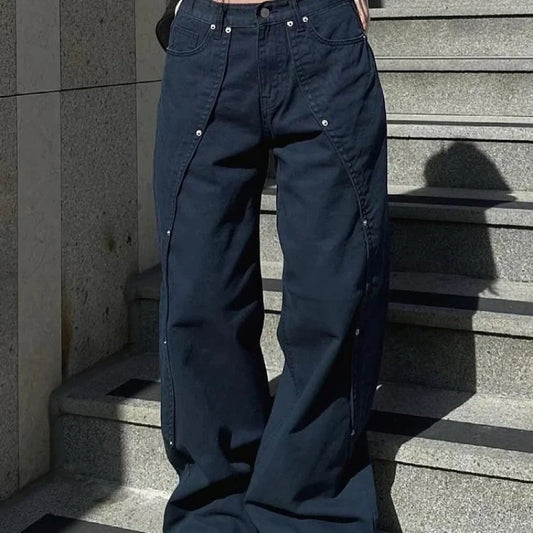 Jeans for Woman Y2k Clothes Relaxed Loose Fit Wide Leg Trousers Vintage American Retro Style with Rivet Patchwork Split Design