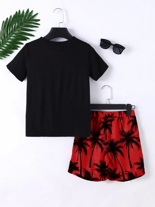 Tween Boys Casual Coconut Tree Print Short Sleeve And Shorts Set for Outdoor Beach Vacation Style Spring/Summer Gift Idea