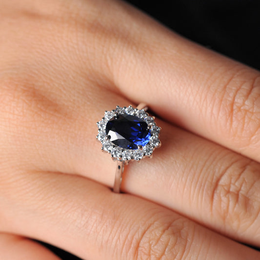 Halo Rings for Women Created Blue Sapphire Nano Emerald Red Ruby Princess Diana 2.67ct Oval Cut 925 Sterling Silver Rings
