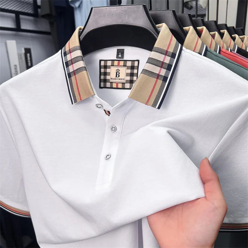 Luxury brand short sleeve polo shirt men fashionable simple solid color summer mercerized cotton breathable casual lapel T shirt