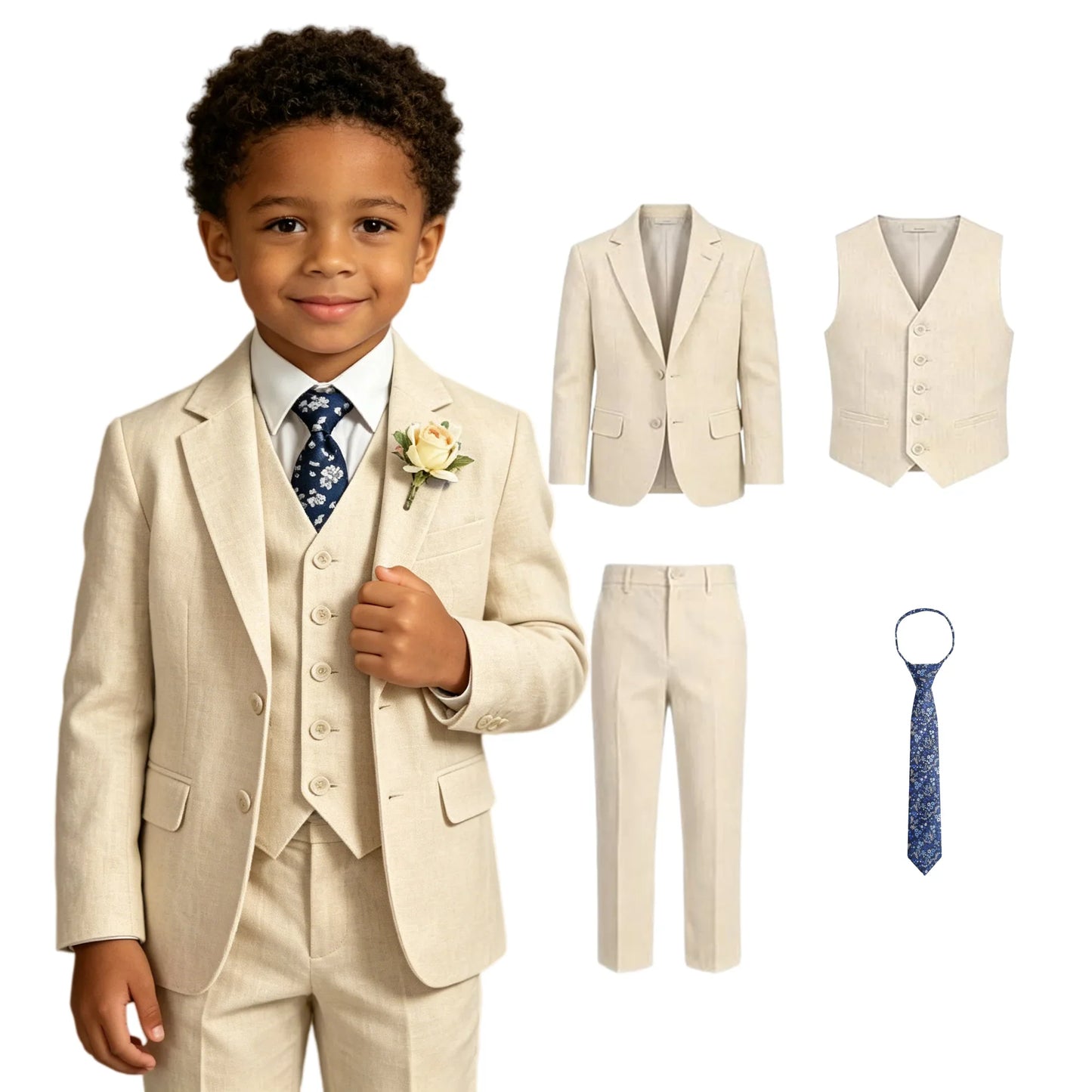 Ship Today Wedding Ring Bearer Page Boy Tuxedo Communion Suit Boy's Formal Linen Suit 4-Piece Jacket Vest Pants Tie Bowtie