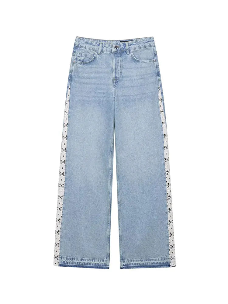 Side Lace Hollow Out Patchwork Jeans High Waist Wide Leg Denim Pants