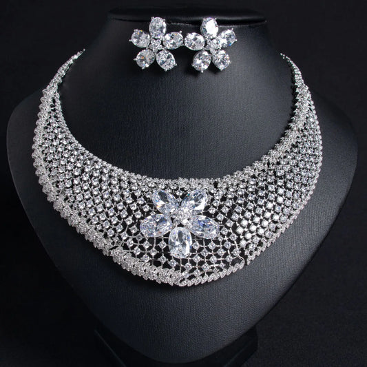Cubic Zirconia Inlaid Hollow Leaf Flower Pendant Earrings and Necklace Jewelry Set