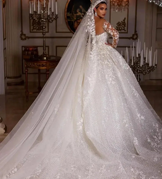 Luxury Princess Wedding Dresses Vintage Bridal Gown Beading Shinny Tulle Long Sleeves Robe Elegant Pretty Dress Customized