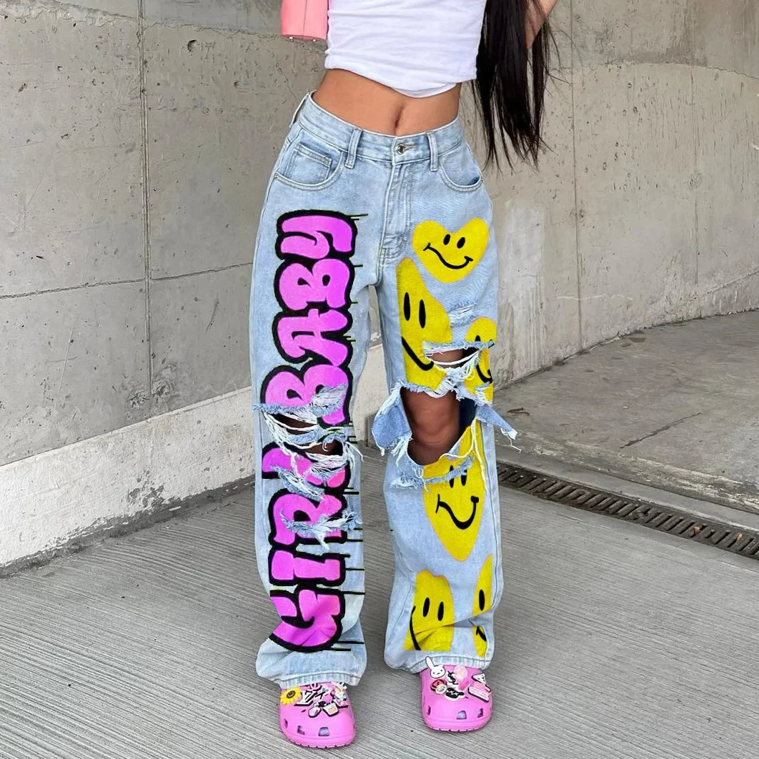 Wish Loose Washed Denim Long Pants Women's Cargo Trousers