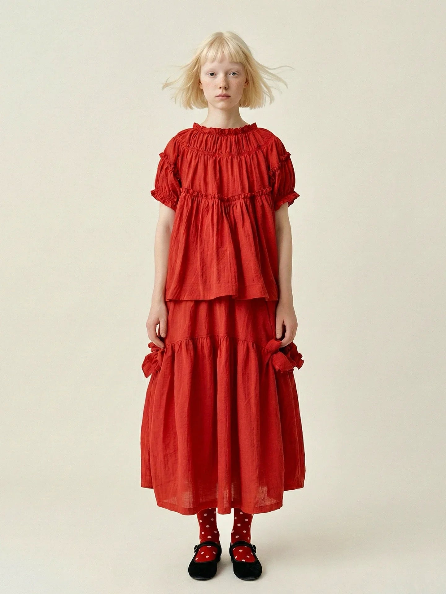 Red Japanese Half length Skirt imakokoni Spring/Summer Original Artistic Elastic Waist Bow Mid length Skirt for Women 265485