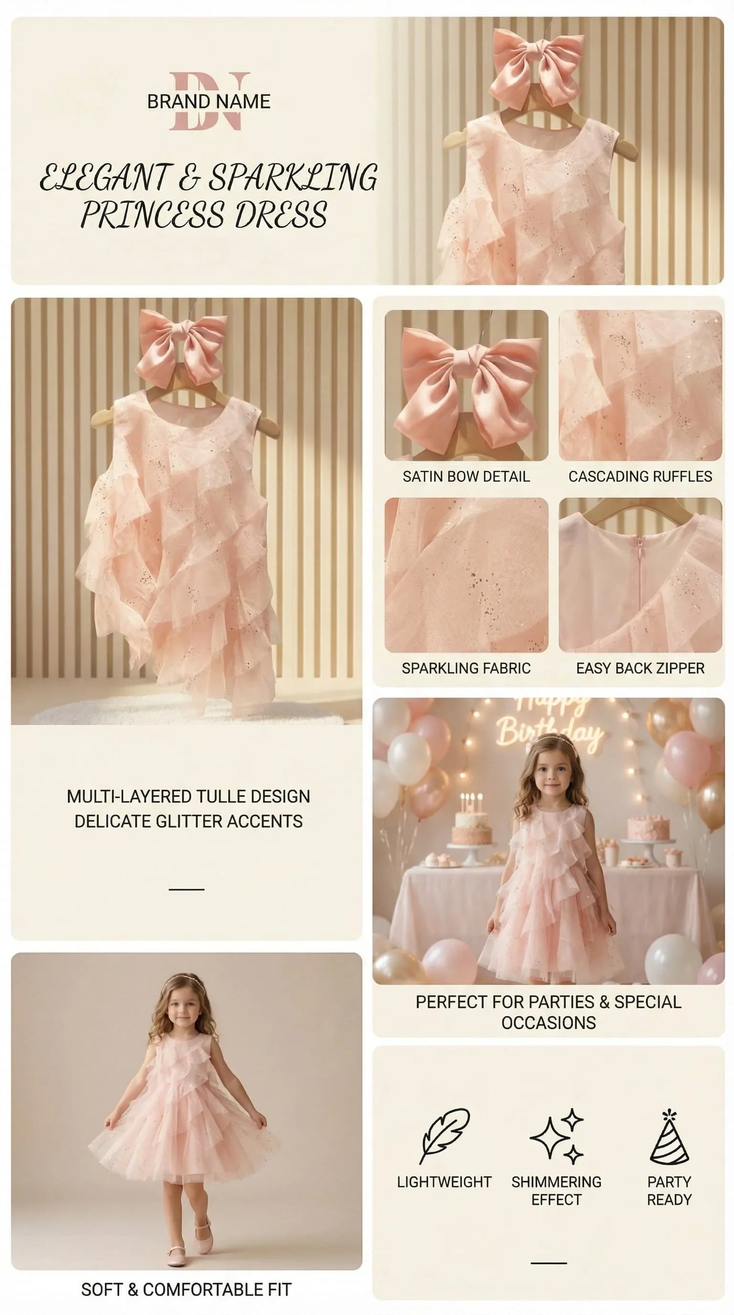 2026 Girls Pink Ruffle Tulle Dress Princess Sequin Layered Party Dress Kids Sleeveless Mesh Summer Vestidos Children Casual Gown