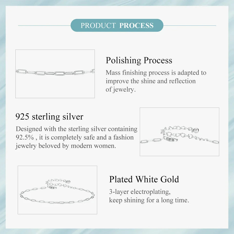 Solid 925 Sterling Silver Square Chain Bracelets for Women, White Gold Plated Handmade Basic Bracelets Birthday Gift