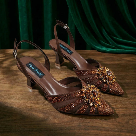 New Italian Pumps and Bag To Party 2026 INS Style Pointed DURABLE OUTSALE Rhinestone Elegant Coffee Color High Heels for Women