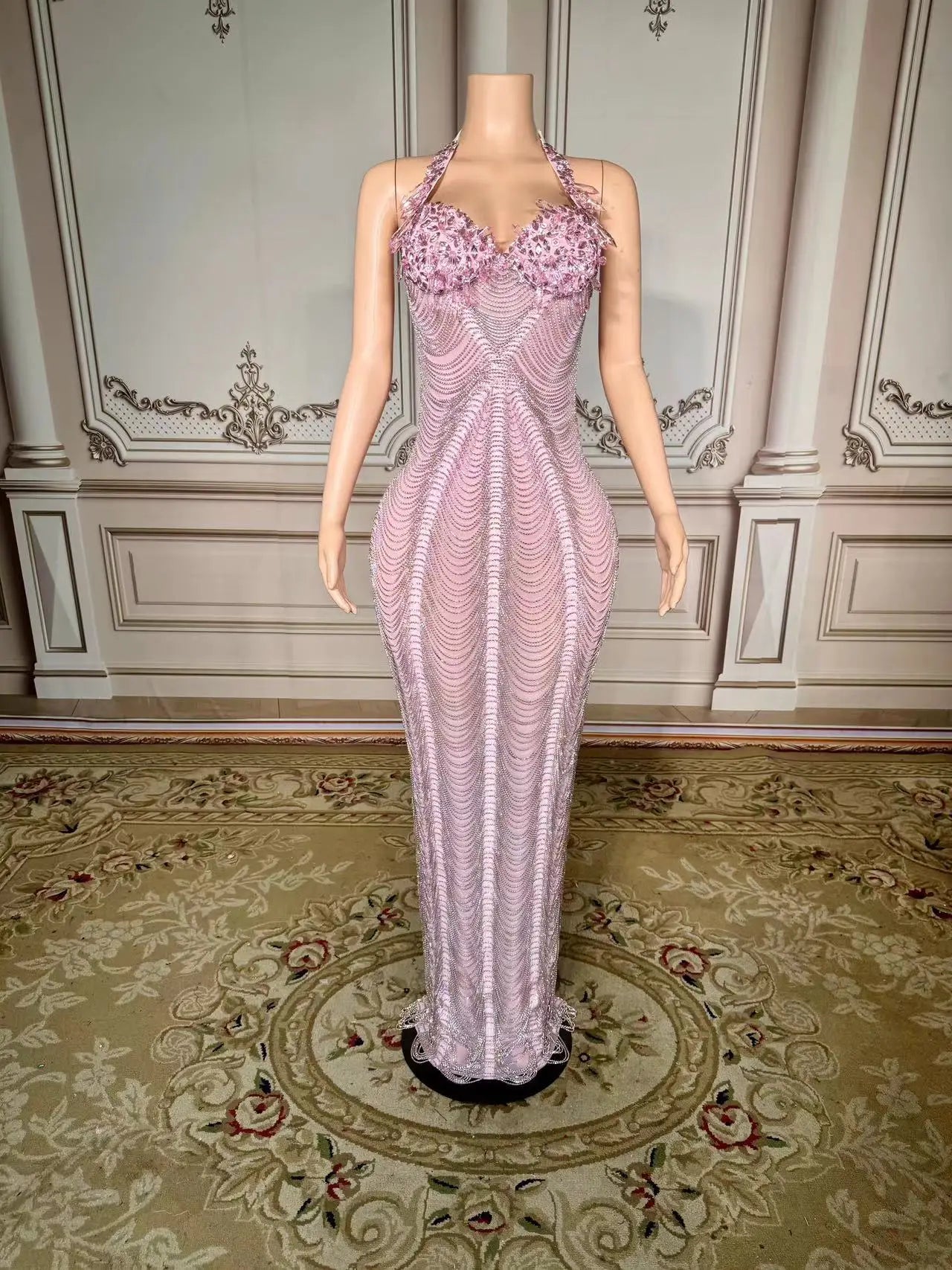 Silver Rhinestone Crystals Chains Transparent Long Dress Evening Birthday Celebrate Dress Sexy Performance plus size