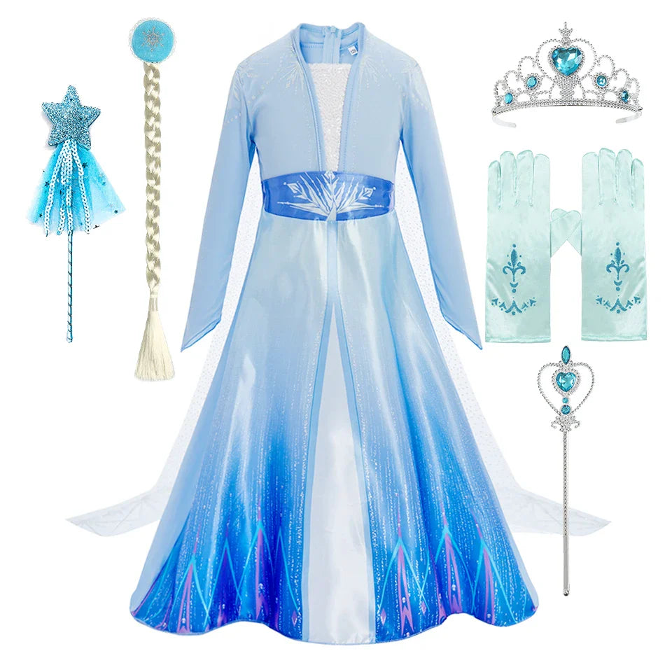 Vestido Elsa Cosplay Infantil Azul com Lantejoulas, Elegante Fantasia de Princesa Azul para Meninas, Roupa de Festa de Aniversário de Halloween para Crianças