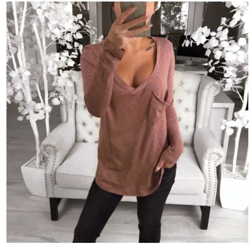Women's Solid Color Fashion V-neck Long Sleeved T-shirt Ladies Casual Simple T-shirt