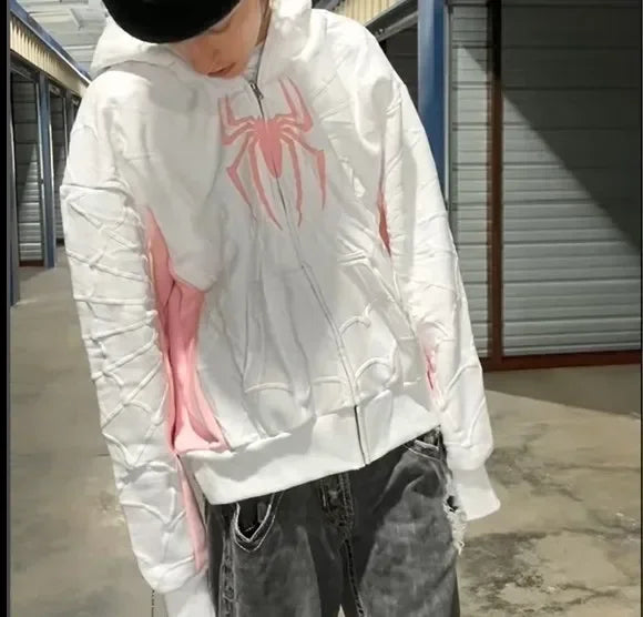Moletom Unissex com Zíper e Estampa de Aranha para Homens e Mulheres, Jaqueta Hip Hop de Manga Comprida, Casacos Y2k Outono Inverno Harajuku Casual Solto com Capuz