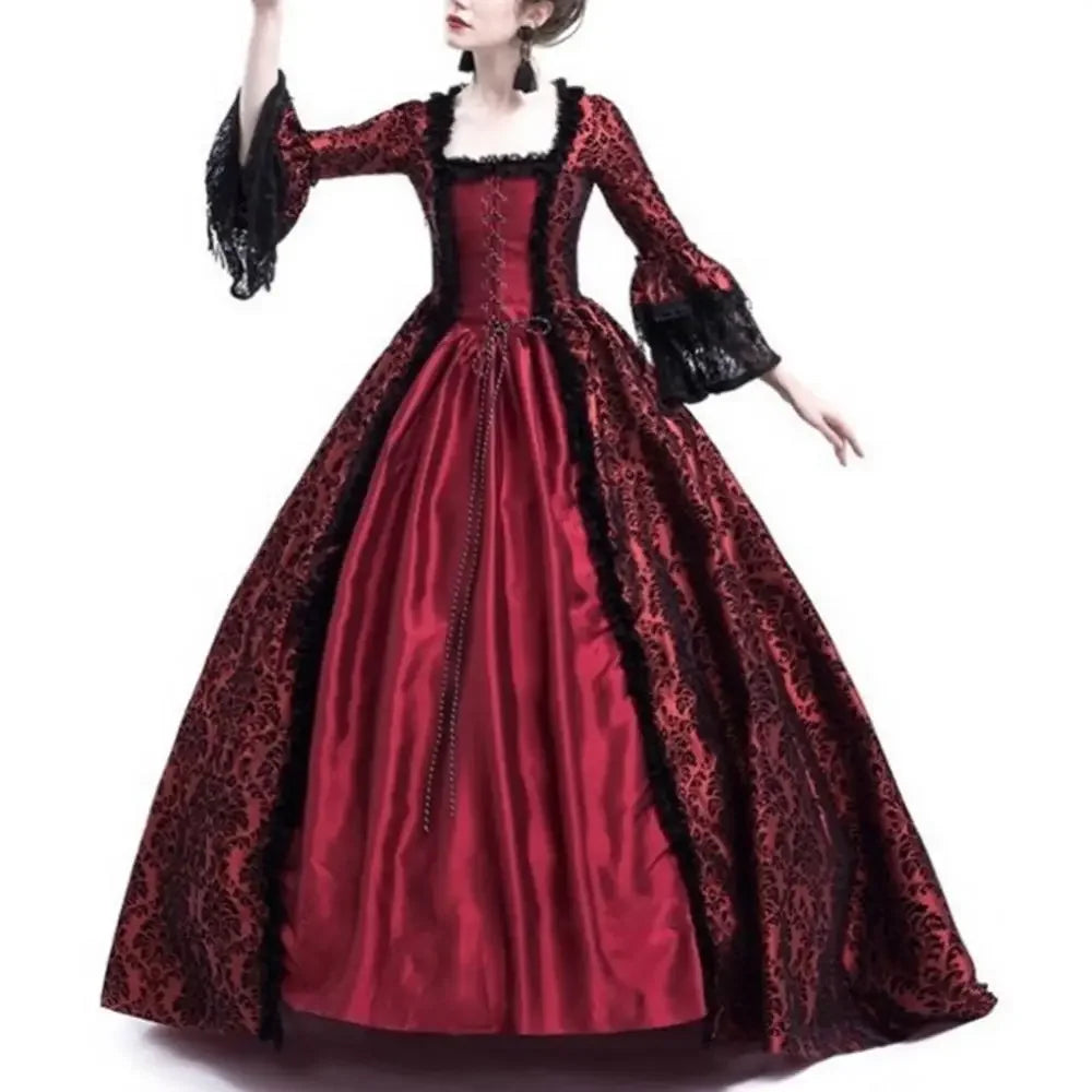 Women Vintage Medieval Gothic Square Neck Flare Sleeve Lace Patchwork Maxi Dress bodycon dress dresses