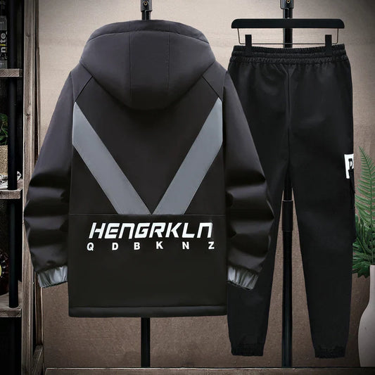 Winter Tracksuit Men Warm Sports Printed Thick Suit Mens Casual Hooded jacket+Pants Sweatsuit Male 2 Piece Sportswear