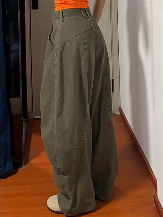 Army Green Baggye Jeans for Women High Waist Loose Vintage Y2k Long Denim Pants Female Fashion Streetwear Washed Jeans