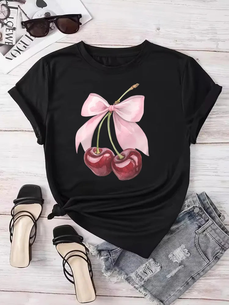 Camiseta Feminina Estampada Cereja Manga Curta Gola Redonda Casual para Verão Primavera Roupas Femininas Tops Blusas