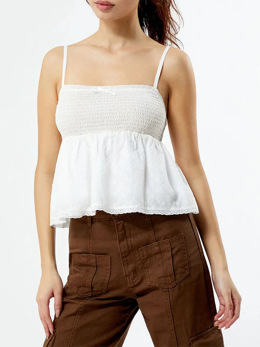 Women Eyelet Lace Trim Smocked Ruffle Cami Sleeveless Tank Top 2024 Summer Square Neck Spaghetti Strap Pleated Peplum Shirt y2k