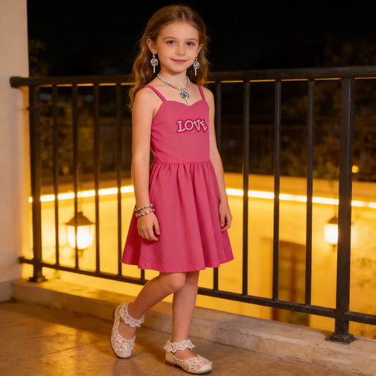 Summer Girl LOVE Print Dress Children's A-Line Sleeveless Birthday Party Skirt Off Shoulder Sling Outdoor Daily Costume 2-10T