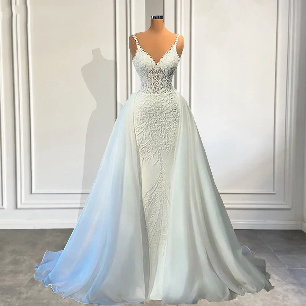 Customized V Neck Mermaid Lace Wedding Dresses Sleeveless Illusion Beaded Satin Bridal Gowns with Detachable Train