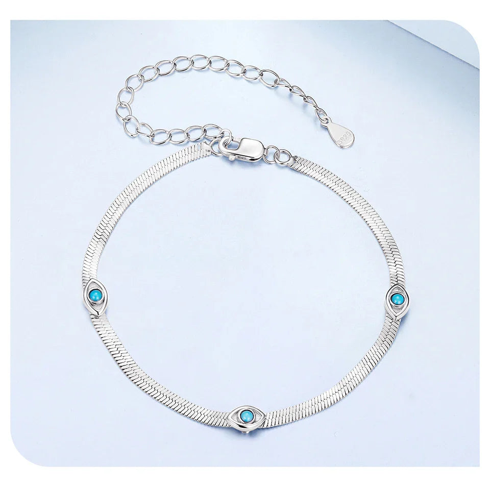 925 Sterling Silver Devil's Eye Bracelets Wide Flat Snake Chain Turquoise Charm Bangle Adjustable for Women Retro Gift