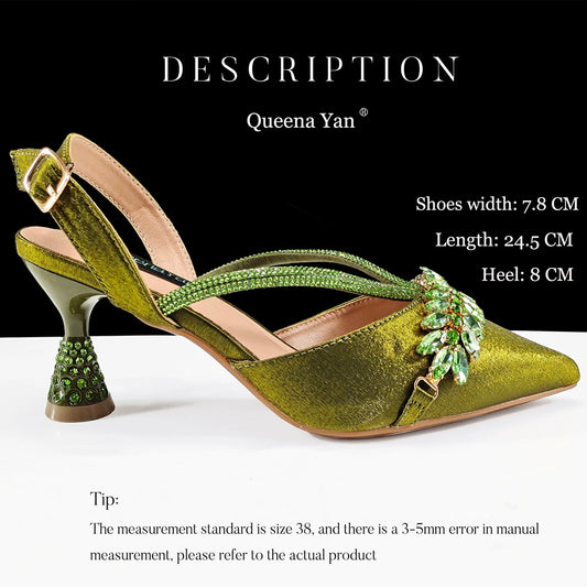 New Arrival Fashionable Olive Color Diamond Decorative Party Wedding Pointed Toe Women's High Heels and Bag Set