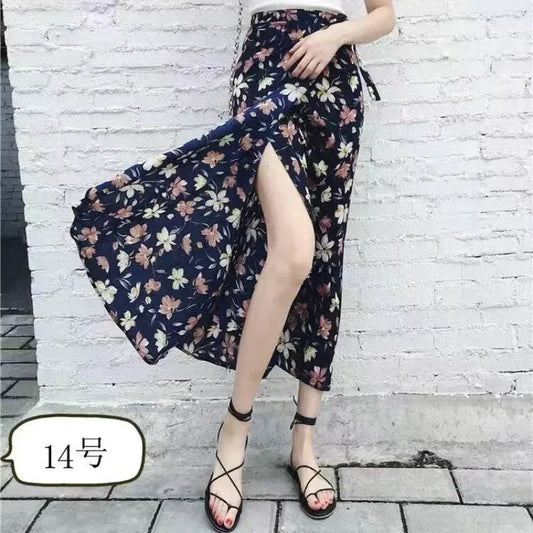 Summer Yellow/Pink Floral A-line Maxi Long Chiffon Skirts Daisy Patchwork Bright Flowers Beach Casual Maxi Long Chiffon Skirts