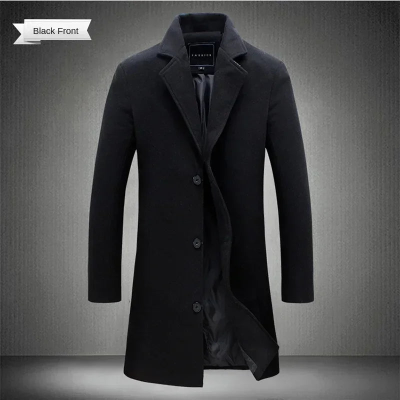 Men Long Cotton Coat 2025 Autumn Winter Wool Blend Pure Color Business Casual Slim Fit Windbreaker Jacket Fashion Men Clothing