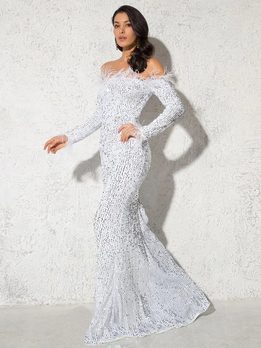Sparkle Sequin Green Feathers Maxi Cocktail Dress Mermaid Off Shoulder Long Sleeves Stretch Wedding Party Gown Dresses 2025