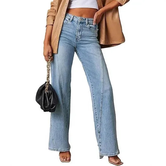 Calça Jeans Feminina Wide Leg Solta com Design de Costura