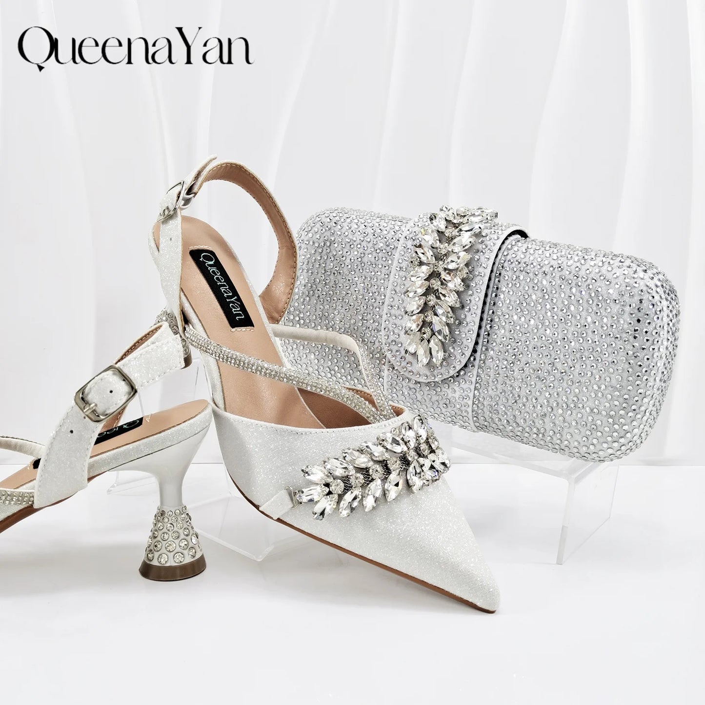 New Arrival Fashionable Olive Color Diamond Decorative Party Wedding Pointed Toe Women's High Heels and Bag Set