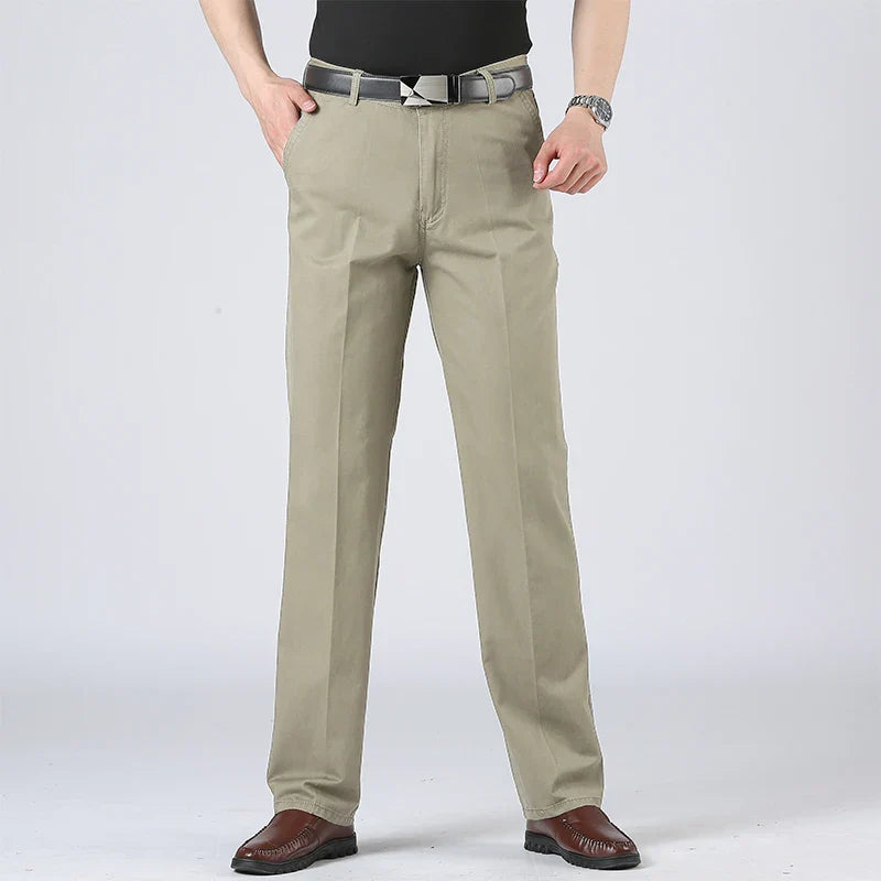 Cotton Pants Men's Straight Leisure Business Trousers Solid Autumn Winter Chinos Belted Pants Dad Elderly Formal Trousers