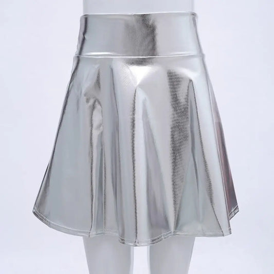 Elegant Metallic Pleated Skirt Gold Silver Flared Design A-line Short Skirt Retro Solid Color Girls Short Mini Skirt Clubwear