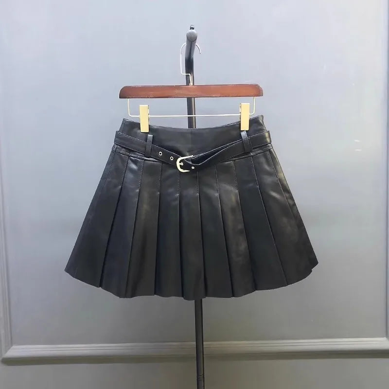Autumn Women Sweet Sheepskin Genuine Leather Pleated Skirt High Waist Belt Fashion Casual Party Solid Color A Line Short Skirts