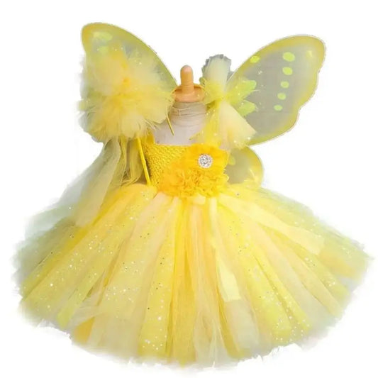 Girls Yellow Glitter Flower Fairy Dress Kids Butterfly Sparkled Tutus with Wing and Hairbow Children Party Costume Dress Outfits