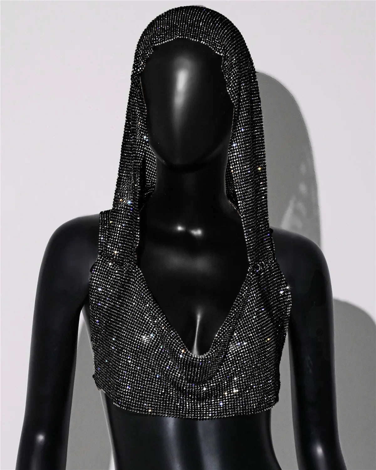 2025 Summer New Rhinestone Hooded Crop Top Sexy Deep V Neck Backless Sleeveless Glitter Tank Top Rave Nightclub Party Camisole