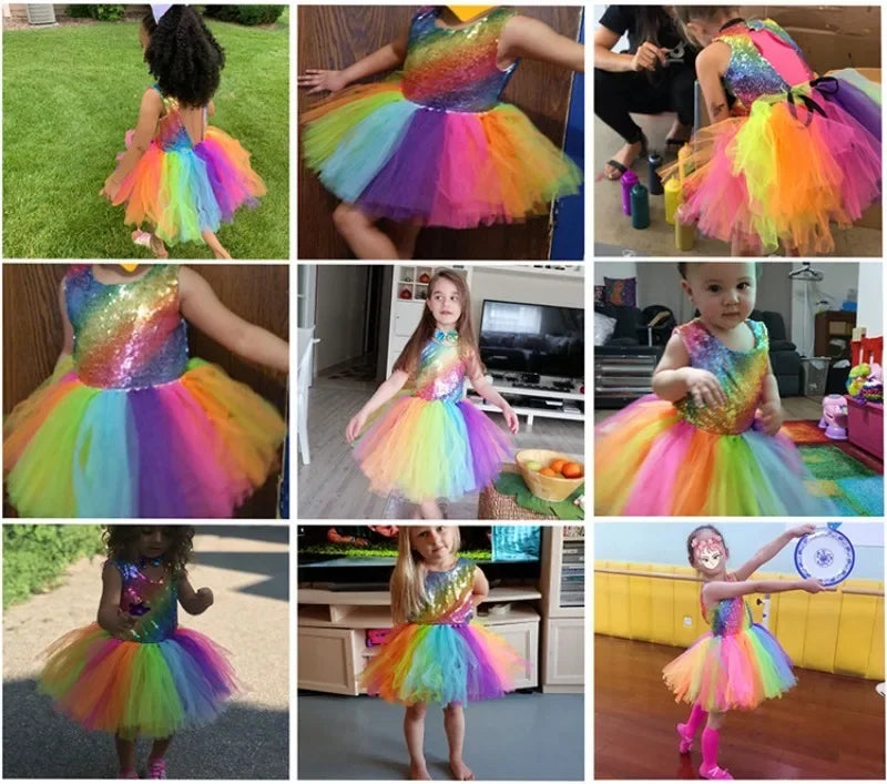 Summer Princess Dress Dance Performance Dress Birthday Dress Rainbow Sequin Fluffy Dress Girl's Children's Clothing Prom Dresses