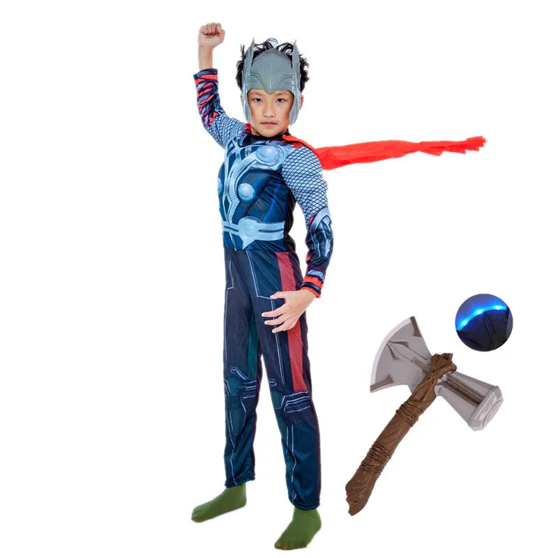 Kids Thor Superhero Cape Costume with Mask Jumpsuit for Halloween Cosplay Party Boys Girls Holiday Dress Up with Plastic Hammer