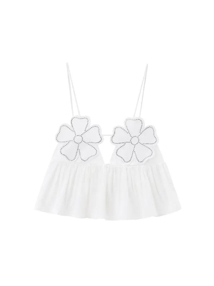 2025 Women Fashion Rhinestone Floral Poplin Tank Tops Sexy Backless Tied Thin Straps Female Female Camis Top Mujer