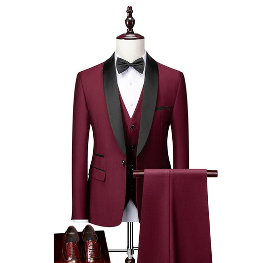 US Size Men Lapel Black Collar 3 Pcs Suit Set Coat Vest Trousers / Business Groom Wedding Dress Fprmal Blazer Pants Waistcoat