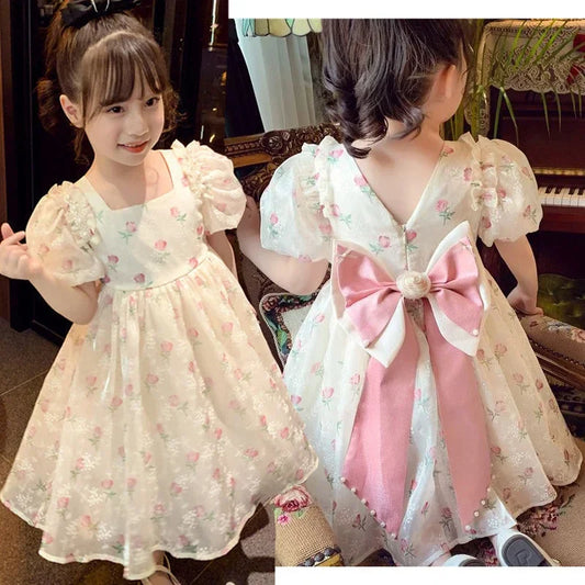1-8 Years Old Summer Full Print Rose Flower Lace Girls Dress Big Bow Pearl decoration Princess Party Dress For Kids