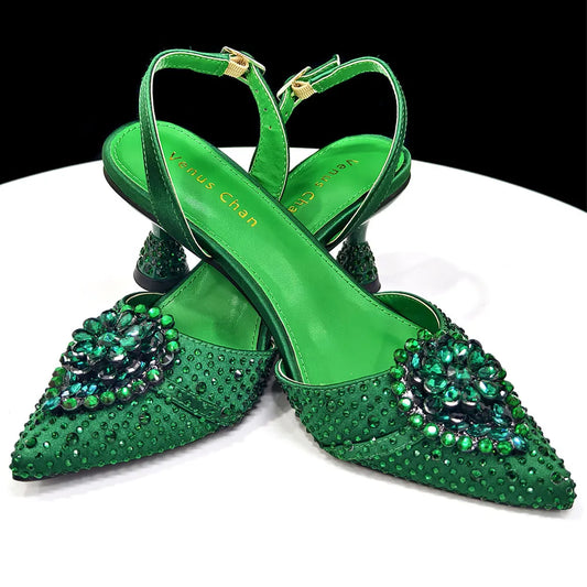 Elegant Green Rhinestone High Heels & Bag Set - Trendy African Ladies' Fashion - Latest INS Style Design