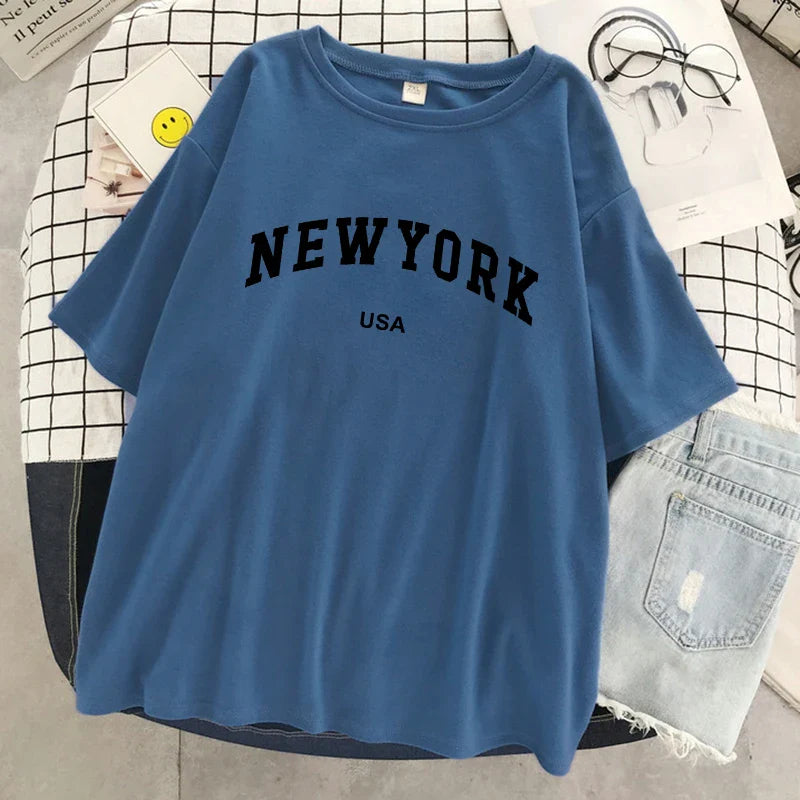 New York Usa City Letter Graphic Tshirt Women Cotton Sport Tops Summer Fashion Tee Shirt Street Casual Oversized Short Sleeve