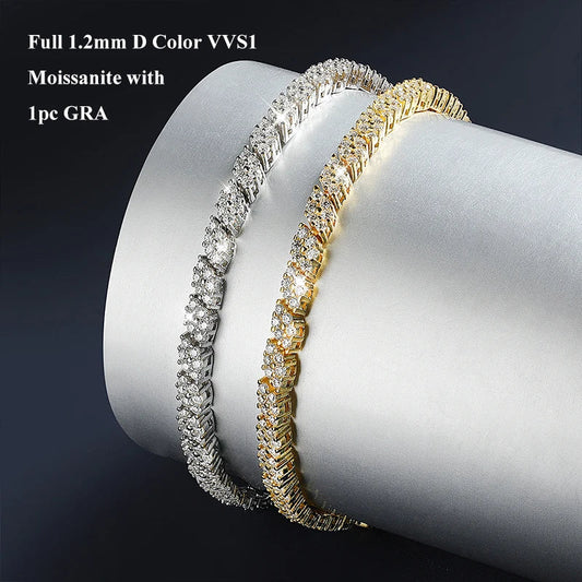Rhombus Shape Full 1.2mm D Color Moissanite Tennis Bracelet For Women 925 Silver Plated 18k Diamond Link Chain Bracelets