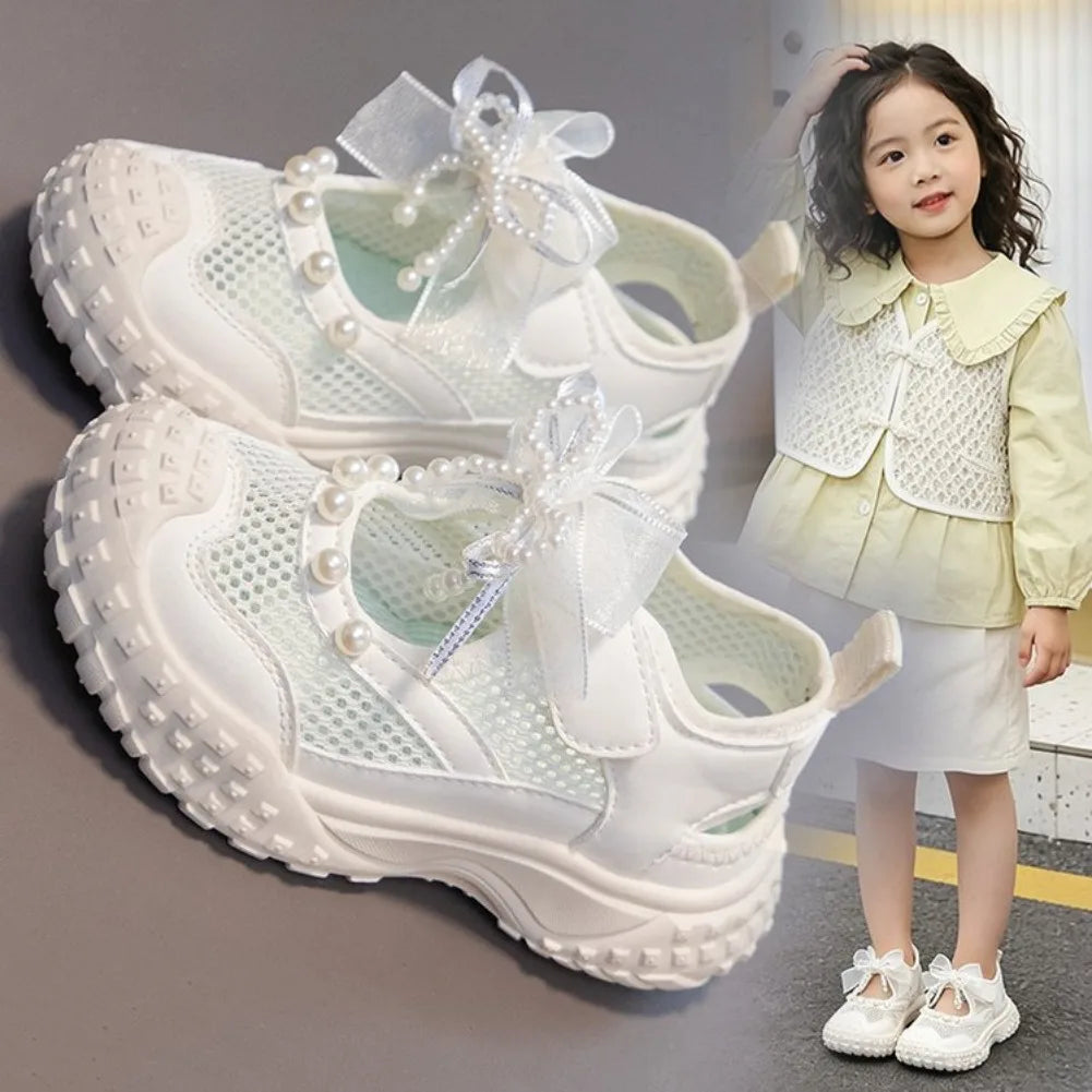 Girls Sports Sandals Sweet Lace Bows Beading Kids Casual Shoes Mesh Breathable Soft 2026 Summer New Children Princess Sandals