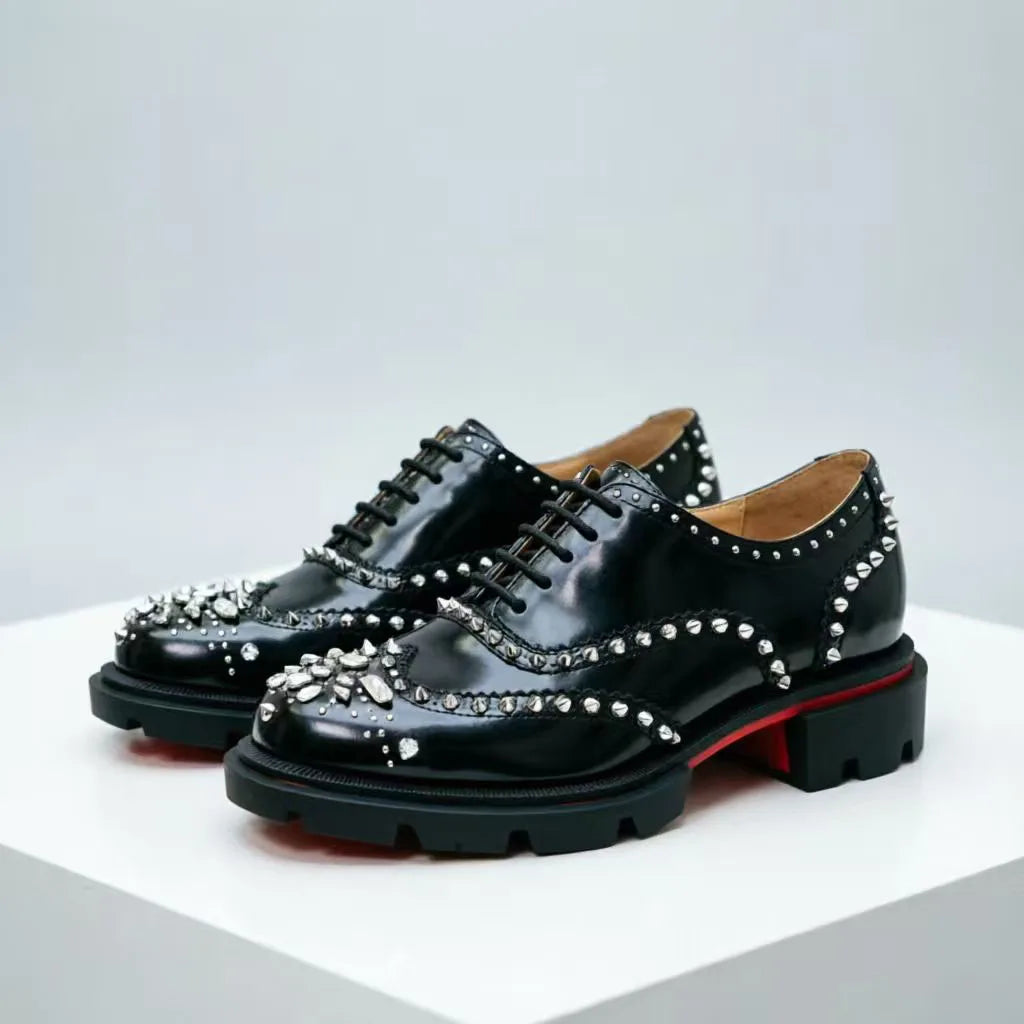 Men's Patent Leather Platform Oxfords Shiny Crystal Rivet Brogue Dress Shoes Luxury Lace-up Formal Business Wedding Party Male F
