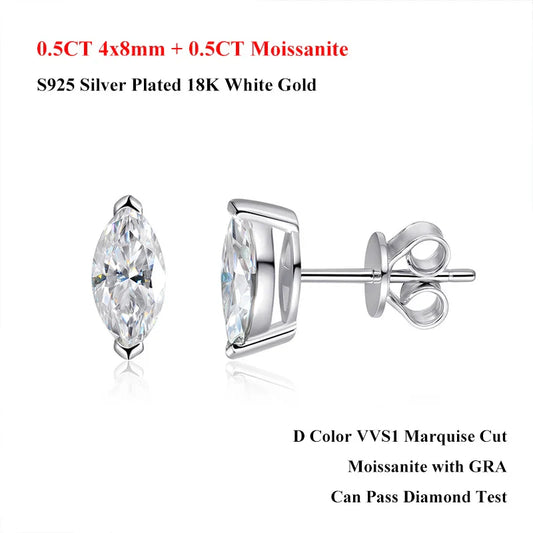 0.3/0.5/1/2ct D Color Marquise Cut Solitaire Moissanite Stud Earrings for Women 925 Silver GRA Certified Ear Fine Jewelry