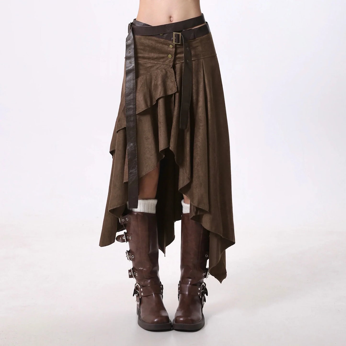 Women Goblin Core Irregular Abi Y2k Midi Skirt Harajuku Japanese 2000s Grunge E-girl Tide Kpop Maillard Cyber Punk Design Goth